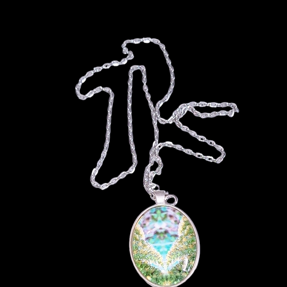 Vintage reverse painting 3 d necklace w silver 925 chain